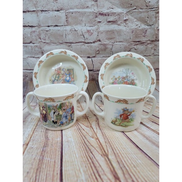 Vitnage Royal Doulton Bunnikins 2 Cereal Bowls and 2‎ Double Handed Mugs England - Picture 1 of 16